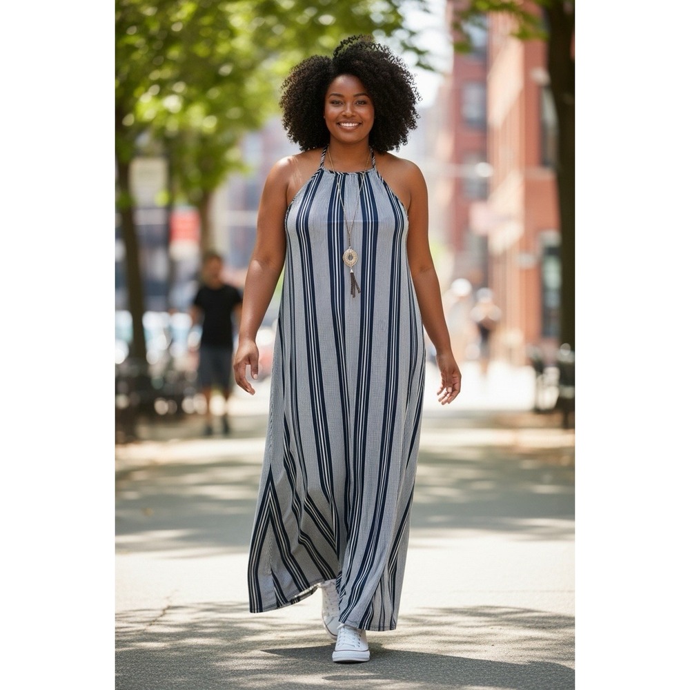French Atmosphere 3X Navy White Striped Maxi Dress Necklace NWT